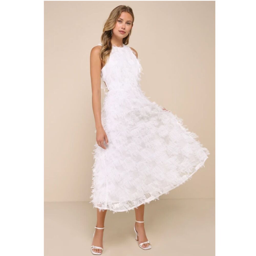 Lulu's White Textured Open Back Midi Dress Sz L NWT - Picture 2 of 11